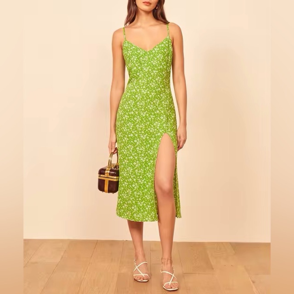 Reformation Halsten Midi Dress in Green with Florals